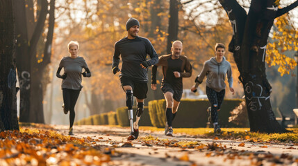 Active Lifestyle: Man with Prosthetic Leg Jogging with Friends in Urban Park