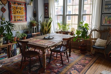 Fototapeta premium Cozy bohemian living room with natural light, vintage furniture, and indoor plants, creating a warm and inviting atmosphere.