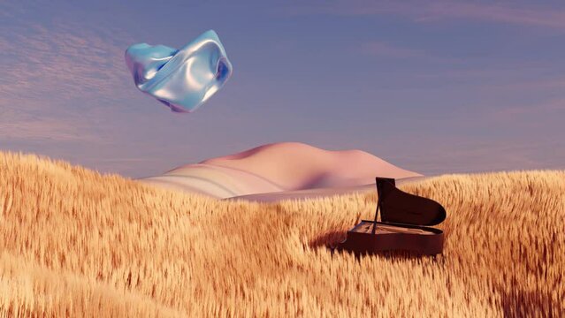 Liquid metal object above a field of wheat and an old piano