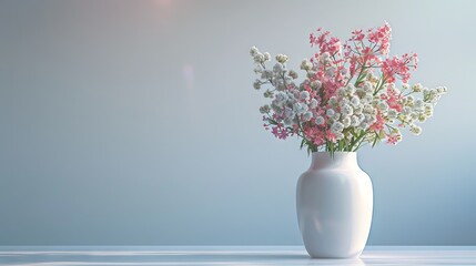 The vase contains a delicate arrangement of pink and white flowers on the table