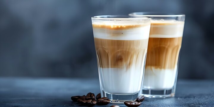 Doublebottomed glasses hold coffee drinks like cappuccino and latte against a dark backdrop. Concept Coffee Photography, Double-bottomed Glasses, Cappuccino, Latte, Dark Background