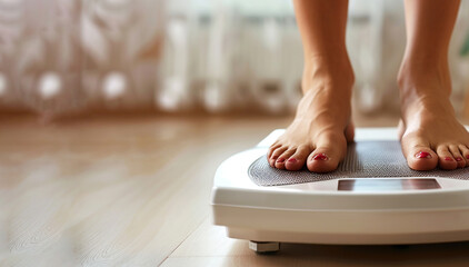 Close up of woman bare feet standing on digital electronic weight scale at home.