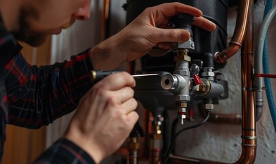 Fototapeta premium A technician focused on fixing or assembling machinery with intricate parts, showcasing manual proficiency.