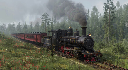 Steam Locomotive Train Traveling Through Mountainous Forest