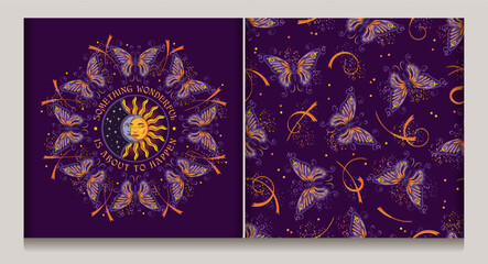 Set of mysterious circular label with sun eclipse, text, seamless pattern with fantasy colored butterflies. Art Nouveau style. Vintage style.
