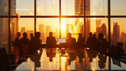 A group of business people in silhouette standing against the backdrop of an illuminated city skyline at sunset, and bokeh creating a dreamy atmosphere, symbolizing unity success work.