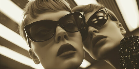 Two fashionable models wearing luxurious sunglasses and posing to a paparazzi. Old european films visual style. Monochrome indoor shot