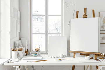 Art studio interior featuring an eclectic collection of blank canvases against an industrial backdrop with natural light.