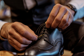 Fototapeta premium Shoemaker's hands assembling fashionable mens leather shoes, beautiful repaired shoes in man's hands. close up top view photo