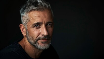 Obraz premium A handsome man with gray hair and a short beard, looking at the camera. mature businessman standing alone against a grey background in the studio and celebrating an achievement