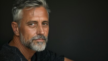 Fototapeta premium A handsome man with gray hair and a short beard, looking at the camera. mature businessman standing alone against a grey background in the studio and celebrating an achievement
