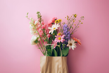 Fototapeta premium Beautiful pink spring flowers in paper bag with place for text. Eco shopping paper bag with pink flowers on pink background.