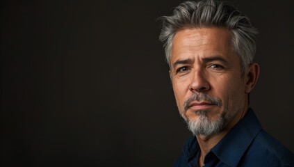 Fototapeta premium A handsome man with gray hair and a short beard, looking at the camera. mature businessman standing alone against a grey background in the studio and celebrating an achievement