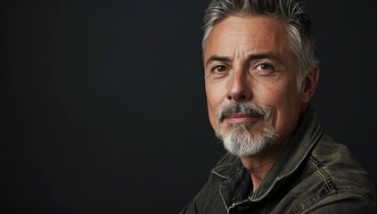 Obraz premium A handsome man with gray hair and a short beard, looking at the camera. mature businessman standing alone against a grey background in the studio and celebrating an achievement