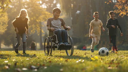 Inclusive Fun: Child in Wheelchair Enjoying Soccer Game with Friends in Park