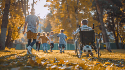 Inclusive Fun: Child in Wheelchair Playing Soccer with Friends in Park
