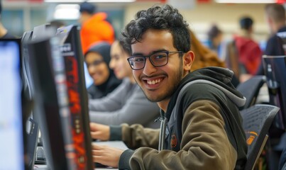 A diverse group of cheerful students is engaging with a computer screen in a modern classroom setting.