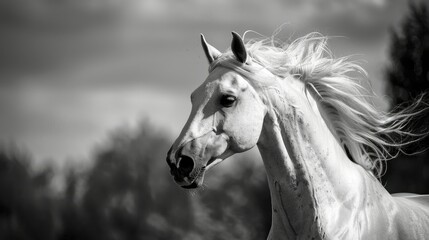 Fototapeta premium portrait of the Spanish running horse, black and white photo AI generated