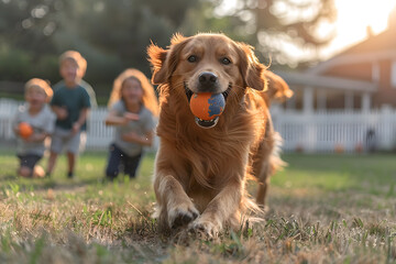 A friendly golden retriever playing fetch with happy family in sunlit backyard. Dog is running with ball in mouth, children laughing, scene is brightly lit, neutral green lawn and white fence.