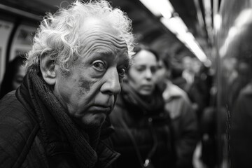 Obraz premium Elderly Man in Crowded Subway Car