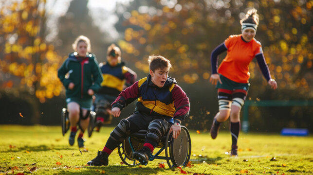 Empowering Disabled Teens: Inclusive Rugby Match on Grass Field - Powered by Adobe