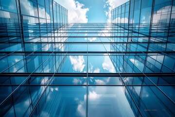 Skyscraper Glass Facade Reflecting Blue Sky