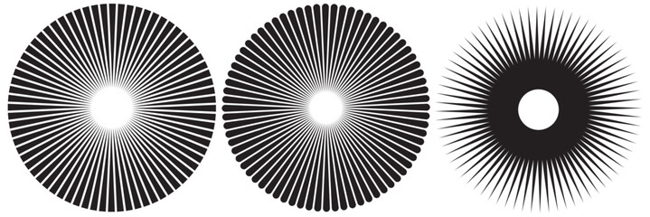 Radial circle lines. Circular radiating lines geometric elements. Sun star rays symbol