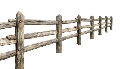 Old Wooden Fence Isolated on White Background with Nature Elements,  transparent background, clipping path, png.