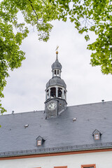 Historic Clock Tower Framed by Trees in Marienberg, Saxony