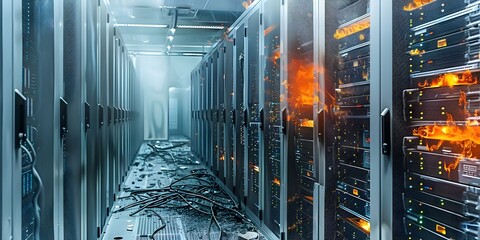 Fire destroys data center server room and supercomputer technology causing significant damage. Concept Data Center Fire, Server Room Damage, Technology Loss, Supercomputer Disaster, Recovery Efforts