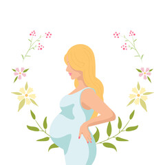 Beautiful pregnant blond woman, blue dress, pink lips in flowets frame on white background for posters, banners, icons, webs
