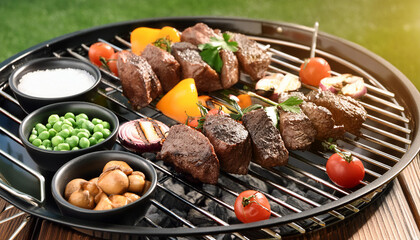 Close up view on a Barbeque grill with delicious grilled meat and vegetables