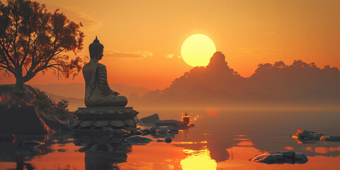 Huge statue of Buddha near river. Beautiful landscape. Sunset time. Banner style. Text space. Outdoor shot