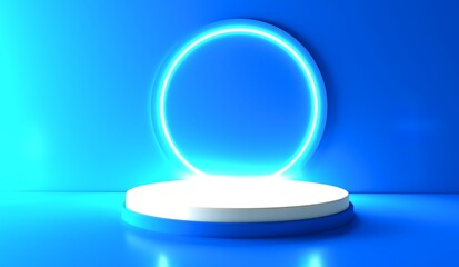 Blue realistic 3d cylinder stand podium with glowing yellow neon in circle shape. Abstract 3D Rendering geometric forms. Minimal scene. Stage showcase, Mockup product display.	

