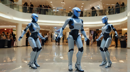 three robots are standing in a mall with people in the background