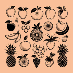 Set of Hand drawn Healthy fruits ingredients outline collection with Apple, apple slice, banana, pineapple, blueberry, raspberry, kiwi, cherry etc. Fruits illustration icon pack.
