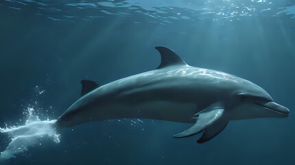 Fototapeta premium dolphin swimming in the ocean with sun shining through the water