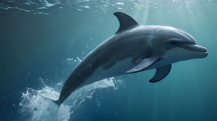 Naklejka premium dolphin swimming in the ocean with sun shining through the water