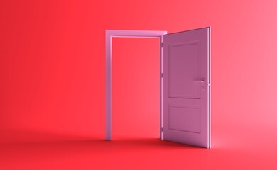 Open the door. Red door, open entrance in red background room. Architectural design element. 3d rendering. Modern minimal concept. Opportunity metaphor.