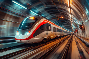 Fototapeta premium Modern High-Speed Train Traveling Through a Tunnel at Night