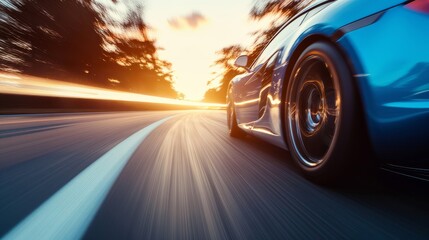 Blue Sports Car Speeds Down Highway at Sunset