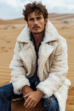 High fashion concept. Portrait of fashionable male model with dark hair sitting in luxurious clothing among sands under the blue sky. Luxury brands campaign style. Outdoor shot