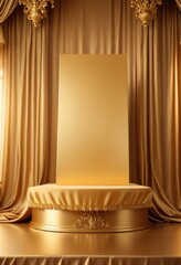 Golden luxurious fabric elegantly draped over a blank podium, set against a rich gold background, epitomizes luxury