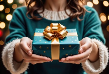 Female hands holding a gift box, symbolizing the spirit of Christmas, New Year, and birthdays