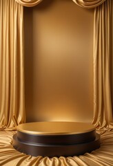 Golden luxurious fabric elegantly draped over a blank podium, set against a rich gold background, epitomizes luxury