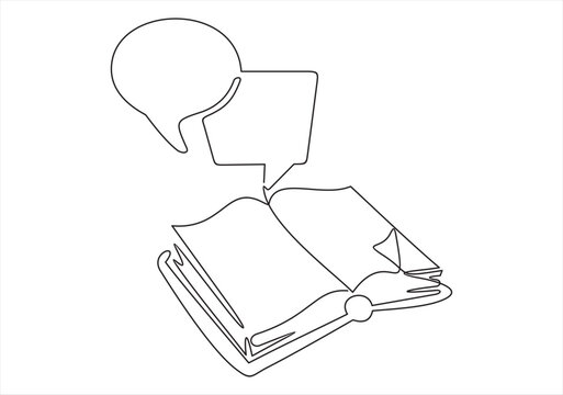 recommend clip art: Continuous one line drawing of open book and speech bubble. Trendy line art vector on a white background. Vector illustration.