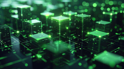 Fototapeta premium Green digital cubes with glowing edges on a dark background, highlighting an abstract technology concept and futuristic tech innovation.