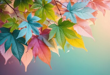 Leaves in a pastel gradient color scheme create a vibrant and serene background for spring or summer 