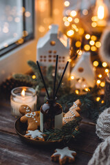 Creating cozy holiday Christmas home atmosphere. Liquid reed diffuser with sticks with xmas scent: vanilla, gingerbread cookies, pine, sweet pie, cinnamon, anise. Aromatherapy, wellness, relaxation