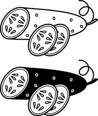 Cucumber icons. Black and White Vector Icons of Cucumber Half and Sliced ​​Slices. Vegetarian food, Healthy Eating. Vegetables Concept